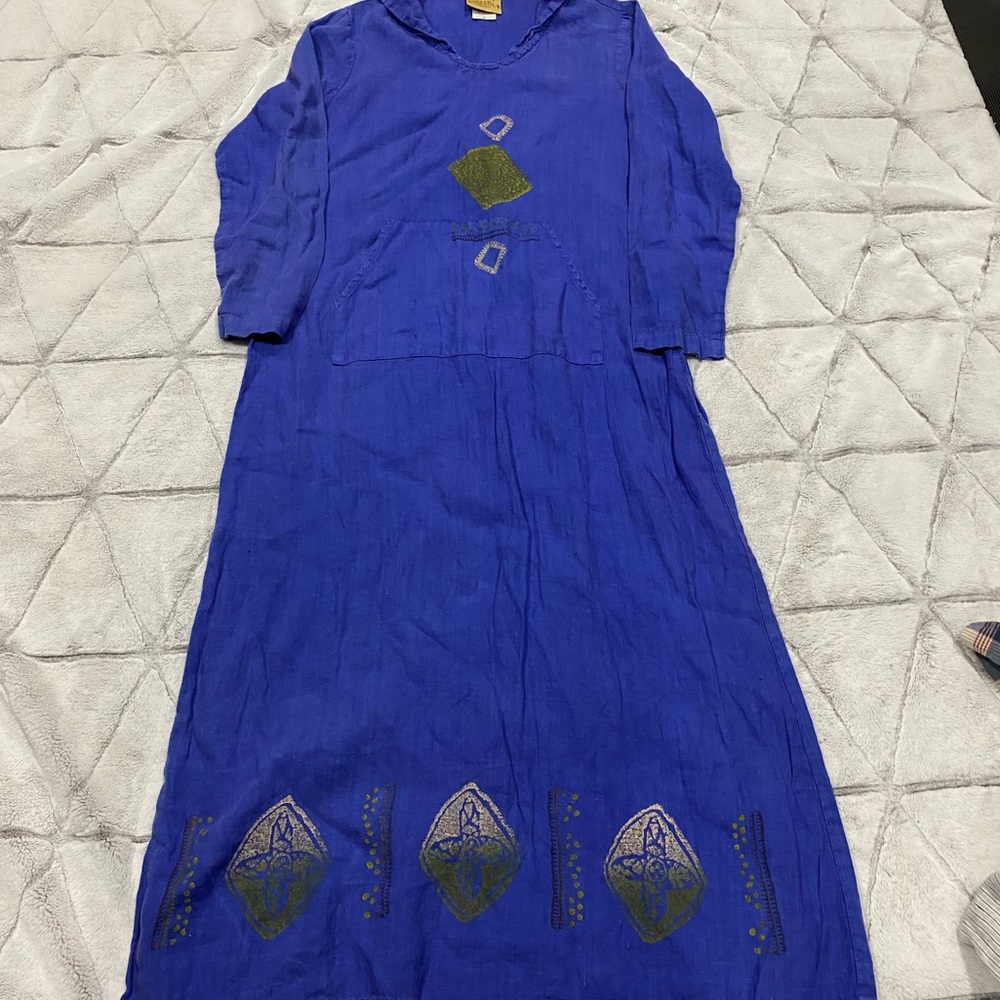 Blue Cactus M Blue Purple Scoop Art-Wear Long Linen Hand-Printed Dress Pocket